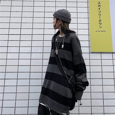 ユニセックス ダメージ加工 ボーダーニット ドロップショルダー 韓国ファッション メンズ レディース セーター オーバーサイズ ビター系 ストリート系 モード系 DTC-630622135755