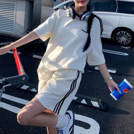 セットアップ 2点セット サイドライン tシャツ ショートパンツ ロゴ オーバーサイズ クルーネック 無地 ルームウェア ルーズ レトロ カジュアル DTCA-820351715781