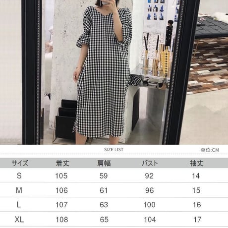 ギンガムチェック ワンピース バックVネック ギャザー 韓国ファッション レディース 絞り パフ袖 ゆったりウエスト 体型カバー ガーリー DTC-618462445967