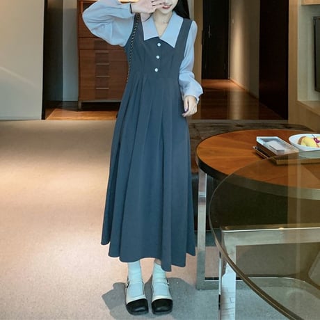フェイクレイヤード ワンピース ドッキングワンピース ブラウス ジャンパースカート 長袖 ロング丈 ハイウエスト 韓国ファッション レディース 大人可愛い ガーリー DTC-658115140150