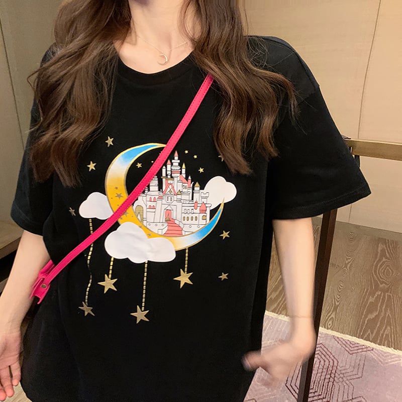 Tシャツ 半袖 お城 プリント ラウンドネック 韓国ファッション