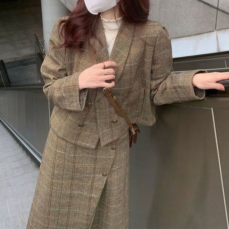 セットアップ ウール チェック柄 ショートジャケット ロングスカート ハイウエス レトロ 韓国ファッション レディース 大人可愛い ガーリー DTC-659492554129