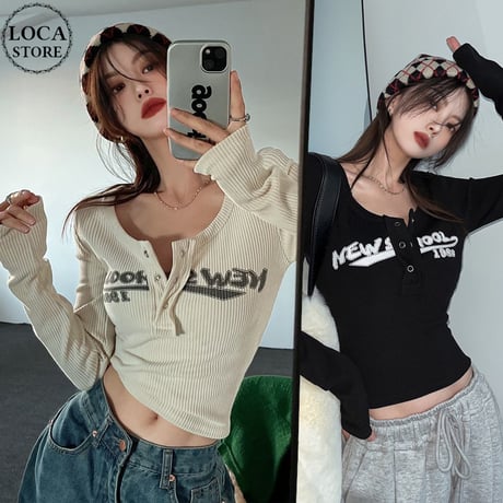 トップス ヘンリーネック ショート丈 ロンT スリムフィット tシャツ ロゴプリント 長袖 レトロ 韓国ファッション レディース 大人可愛い ガーリー DTCA-679030212102