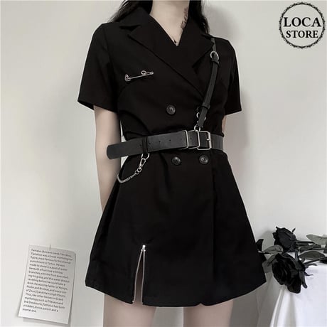ベルト付き ワンピース シャツ 韓国ファッション レディース ダブルブレスト ハイウエスト ショート丈 シンプル ガーリー DTC-617702303491