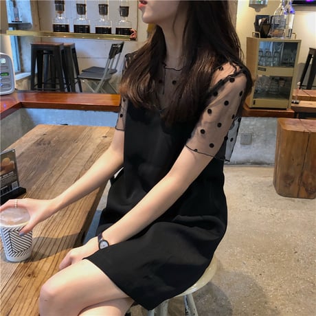 セットアップ 2点セット キャミワンピース ドット柄 レース Tシャツ ノースリーブ 大人可愛い ガーリー 韓国ファッション レディース DCT-621675137865