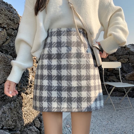 チェック柄 ウール混 タイトミニスカート 韓国ファッション レディース ミニスカート ハイウエスト 大人可愛い ガーリー DTC-630293926918