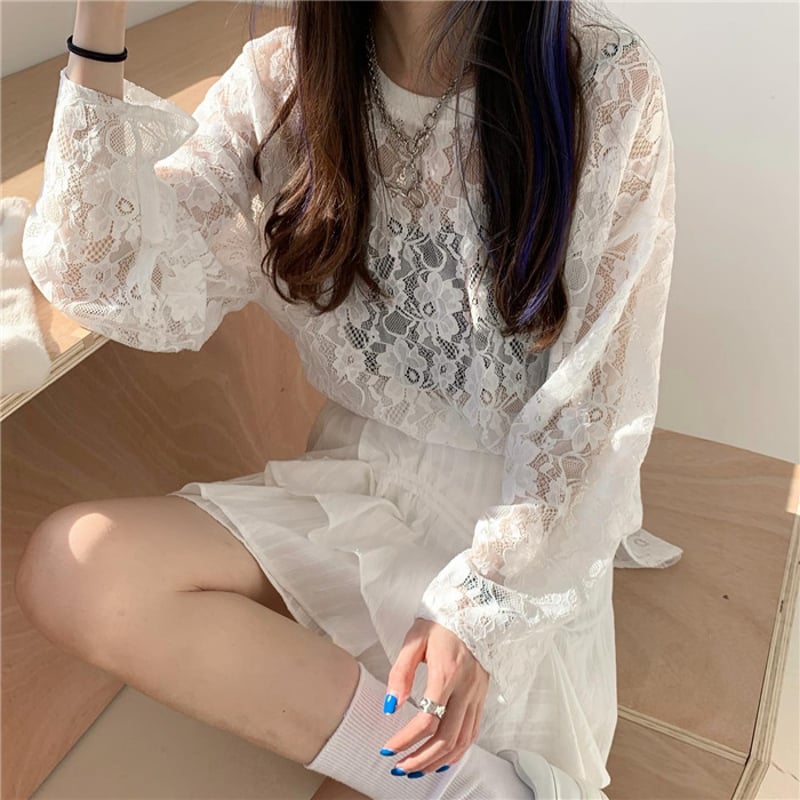 フラワーレース tシャツ 透け感 トップス ホワイト ブラック