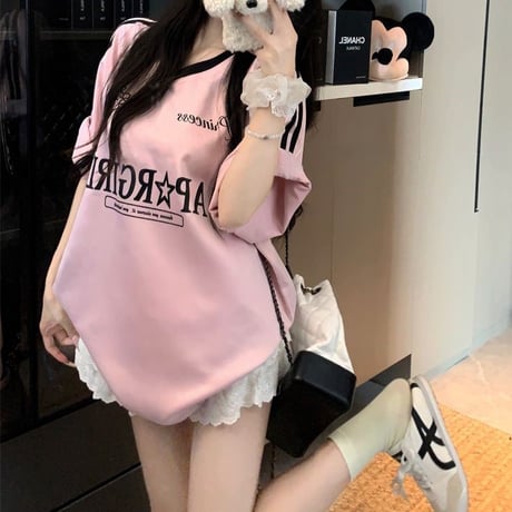 Tシャツ ユニフォーム風 サイドライン Vネック トップス 半袖 オーバーサイズ レトロ 韓国ファッション レディース 大人可愛い ガーリー スポーツミックス DTC-812444710826