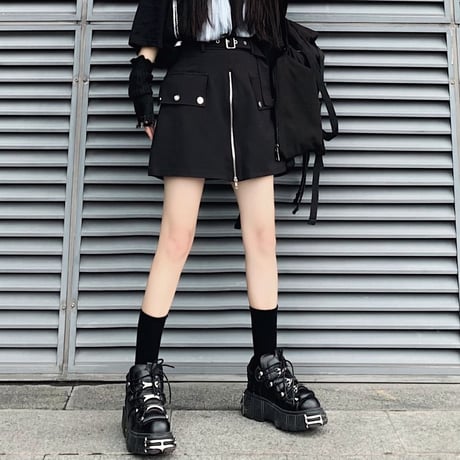 スカート風 ショートパンツ フロントジップ Aライン ハイウエスト 韓国ファッション レディース ショーパン ジップアップ ガーリー 暗黒系 DTC-620051473564