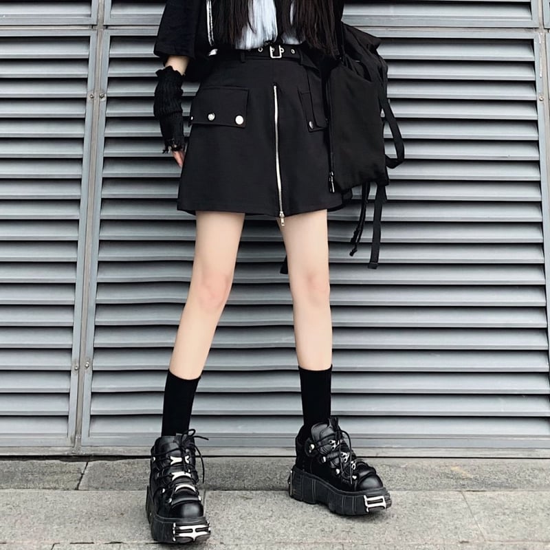 スカート風 ショートパンツ フロントジップ Aライン ハイ