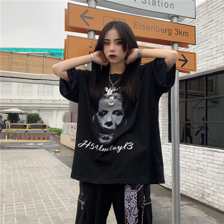ユニセックス Tシャツ 半袖 メンズ レディース ラウンドネック ダークブラック プリント オーバーサイズ 大きいサイズ ルーズ ストリート TBN-591840040448