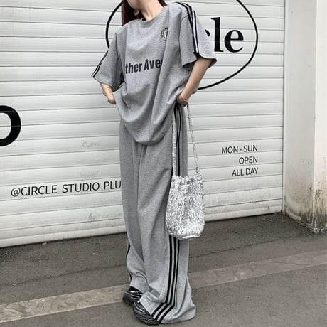 セットアップ サイドライン Tシャツ ワイドパンツ 半袖 ロゴ トップス スポーツミックス 上下セット レトロ 韓国ファッション レディース 大人可愛い ガーリー DTC-786931285601
