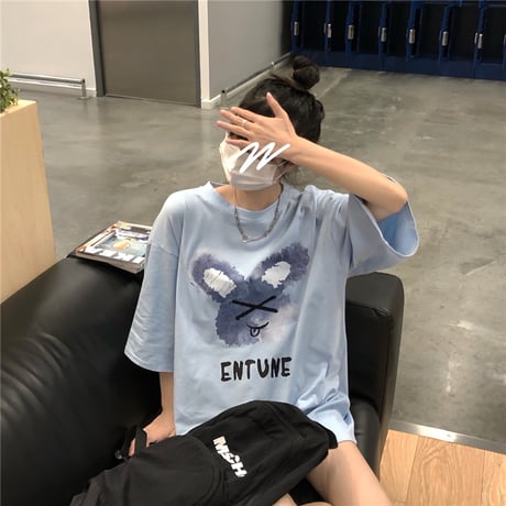 Tシャツ 半袖 ラウンドネック プリント ドロップショルダー 大きめ オーバーサイズ 韓国ファッション レディース カジュアル ストリートファッション DTC-644950773167