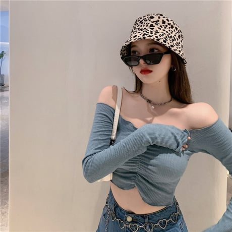 オフショル カットソー 長袖 ショート 韓国ファッション レディース トップス へそ出し Tシャツ オフショルダー Vネック スタイルアップ 大人可愛い ガーリー DTC-625937979040