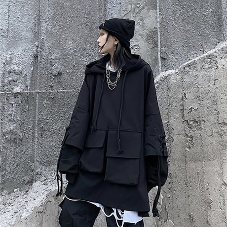 ユニセックス パーカー 袖レースアップ 重ね着風 プルオーバー 長袖 オーバーサイズ カジュアル 韓国ファッション メンズ レディース 韓国ストリートファッション DTC-653707770281