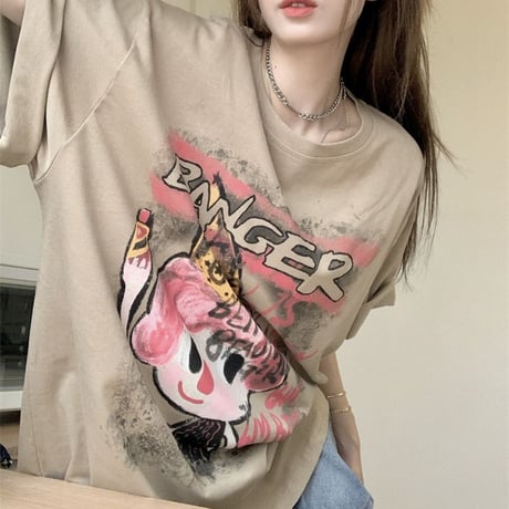Tシャツ 半袖 漫画風プリント クルーネック オーバーサイズ トップス ルーズ ゆったり カジュアル 韓国ファッション レディース DTC-714109078106