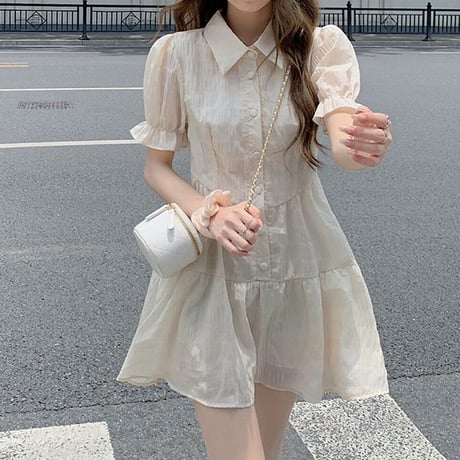襟付き ワンピース パフ袖 薄手 シングルブレスト Aライン ハイウエスト 半袖 レトロ 韓国ファッション レディース 大人可愛い ガーリー フェミニン DTC-649935824740