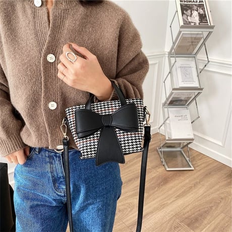 2WAY ハンドバッグ ショルダーバッグ ミニバッグ 千鳥格子 リボン チェック柄 バッグ 鞄 レトロ ホワイト ブラック ブラウン DTC-631010281178