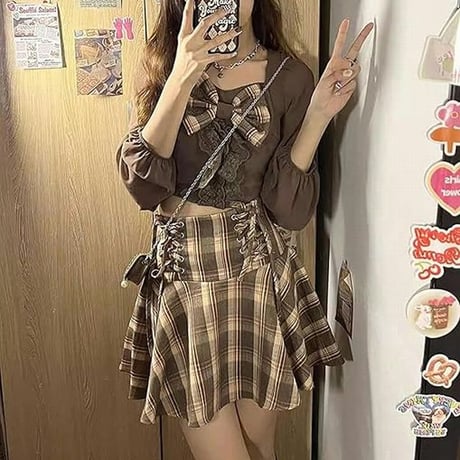 セットアップ チェック柄 大きなリボン ブラウス プリーツスカート レースアップ 編み上げ ミニスカート ハイウエスト Aライン 長袖 レトロ 大人可愛い ガーリー DTCA-708968109680