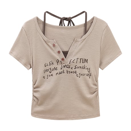 フェイクレイヤード Tシャツ ホルターネック レタープリント ショート丈 トップス 半袖 レトロ 韓国ファッション レディース 大人可愛い ガーリー DTC-782762866387