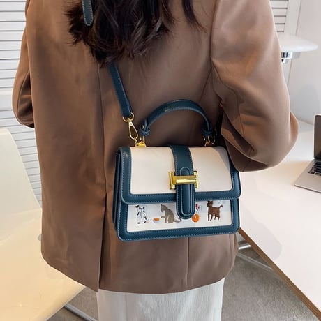 2wayバッグ スクエアバッグ ショルダーバッグ ハンドバッグ ミニバッグ バイカラー 猫 刺繍 マグネットバックル バッグ レトロ 韓国ファッション レディース DTC-679449481712
