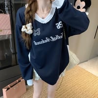 スウェット Vネック 襟レース トップス オーバーサイズ 長袖 レトロ 韓国ファッション レディース スポーツミックス 大人可愛い ガーリー カジュアル DTCA-977723377193