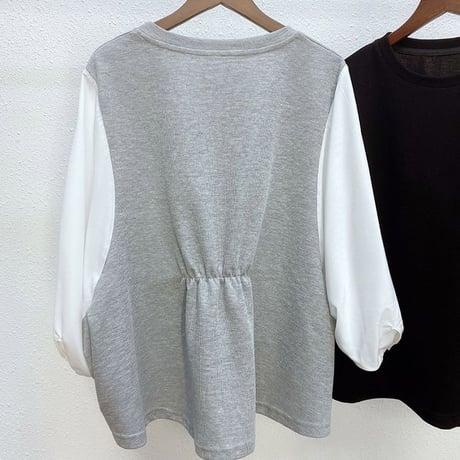 ドッキングブラウス 5分袖 トップス バルーン袖 チェック柄 無地 フェイクレイヤード Tシャツ レトロ 韓国ファッション レディース 大人可愛い ガーリー DTC-708136202207
