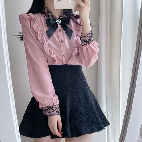 フリルブラウス ブローチ リボン フリル レース ブラウス 長袖 韓国ファッション レディース レトロ 大人可愛い ガーリー フェミニン DTC-654870022966