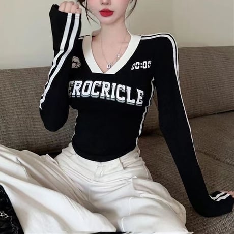 ユニフォーム風 tシャツ クロップド丈 ゲームtシャツ ロンT 袖ライン スリムフィット トップス Vネック 長袖 レトロ カジュアル スポーツミックス DTCA-817363745673