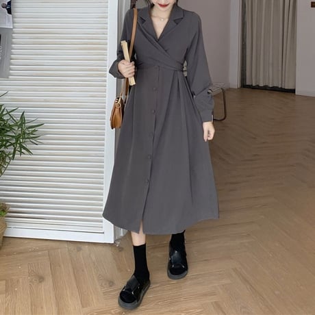 襟付き ワンピース バックリボン ウエストマーク ロング丈 長袖 ハイウエスト 韓国ファッション レディース  シャツワンピースAライン 大人可愛い ガーリーDTC-653607074889)