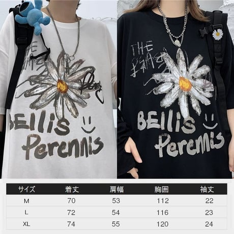 ユニセックス Tシャツ 半袖 メンズ レディース 落書き風 英字 花 フラワー プリント オーバーサイズ 大きいサイズ ルーズ ストリート DTC-615255947278