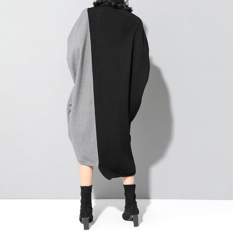 ニットワンピース アシンメトリー バイカラー ハイネック ロングワンピース ニット ワンピース ゆったり ルーズ 長袖 レトロ 大人可愛い ガーリー DTCA-620987413432