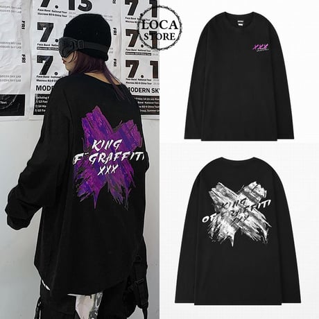 ユニセックス 長袖Tシャツ ×ペイント Tシャツ バツペイント 長袖 オーバーサイズ 韓国ファッション メンズ レディース 韓国ストリートファッション DTC-610859198983