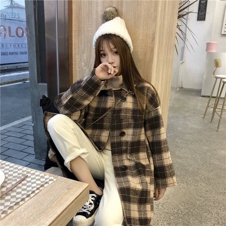 チェックコート シングルブレスト 韓国 ファッション レディース コート チェック柄 アウター ウールコート シングルブレスト レトロ (DTC-603665766891)