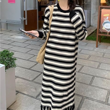 フリンジヘム ボーダー柄 ワンピース 裾フリンジ マルチボーダー ルーズ ロングワンピース 長袖 レトロ 韓国ファッション レディース 大人可愛い ガーリー DTC-745108598997