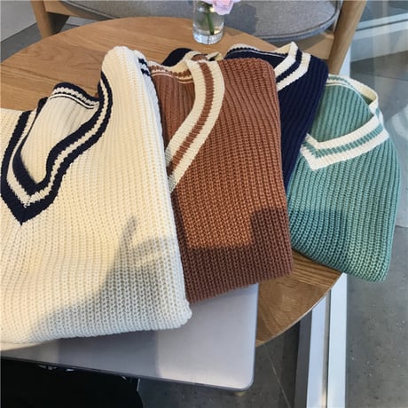 ニットベスト ルーズ Vネック ライン 韓国ファッション レディース ベスト ノースリーブ セーター シンプル レトロ 大人可愛い ガーリー DTC-626062121270