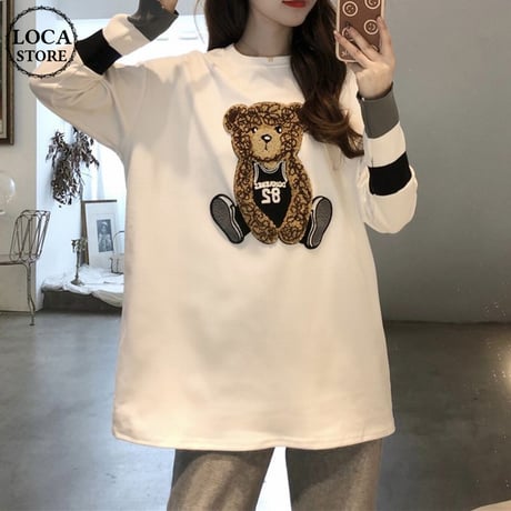 tシャツ クマちゃん ベアー 袖リブニット クルーネック 裏起毛 トップス ゆったり 長袖 レトロ 韓国ファッション レディース 大人可愛い ガーリー フェミニン DTC-659982367382