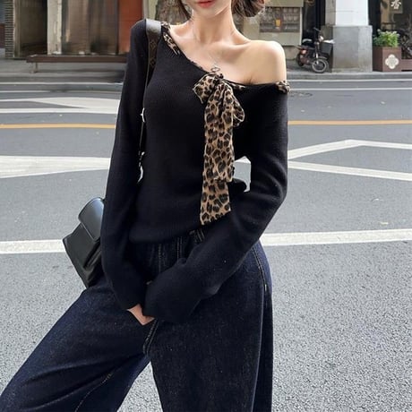 トップス ロンT オフショルダー ショート丈 レオパード柄 ヒョウ柄 スカーフ リボン ワンショルダー tシャツ リブニット スリムフィット 長袖 レトロ DTCA-835383356165