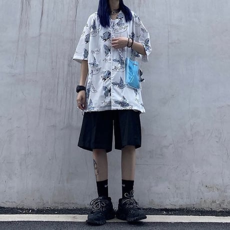 ユニセックス バタフライ柄 シャツ 柄シャツ 蝶々 半袖 オーバーサイズ 韓国ファッション メンズ レディース 大きめ カジュアル ストリート ファッション DTC-617906441343