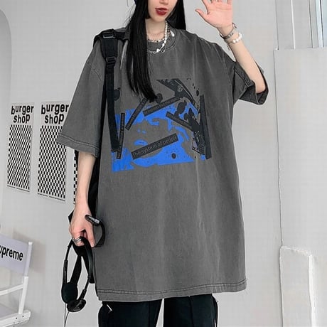 ユニセックス Tシャツ 半袖 幾何学 グラフィティプリント オーバーサイズ 韓国ファッション メンズ レディース トップス カジュアル ストリートファッション DTC-644775769961