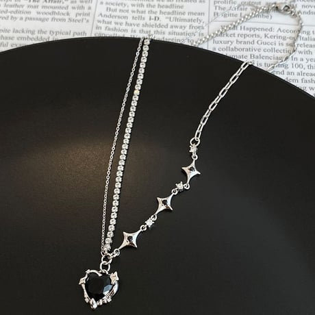 ブラックハート ネックレス 2連 チェーン ハートモチーフ スター ペンダント レディース アクセサリー 合金 DTC-688997188094