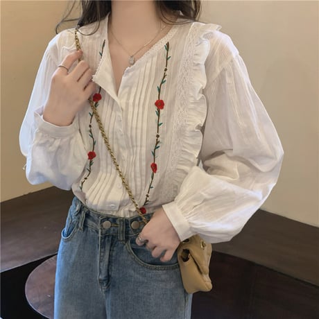 花柄 刺繍 ブラウス フリル パフスリーブ 刺繍ブラウス シャツ ピンタック トップス ルーズ 長袖 レトロ 大人可愛い ガーリー フェミニン DTCA-668564790963