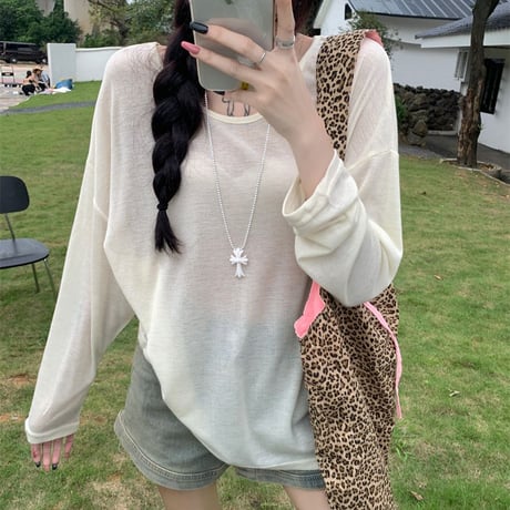 シアートップス オープンバック 背中開き ドロップショルダー 薄手 Tシャツ ルーズ 長袖 Y2K レトロ 韓国ファッション レディース 大人可愛い ガーリー DTC-804963664742