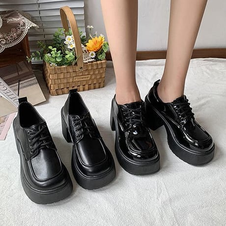 光沢あり・光沢なしの2タイプ展開！ 厚底シューズ 22.5～25.0cm レースアップ 9cmヒール ラウンドトゥ ローファー 韓国ファッション レディース DTCA-742428853971
