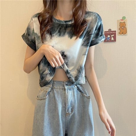タイダイ柄 Tシャツ 薄手 半袖 トップス ショート丈 へそ出し 絞り染め レトロ 韓国ファッション レディース 大人可愛い ガーリー カジュアル DTC-646133929852
