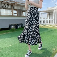 花柄 フィッシュテールスカート マーメイドスカート 裾フリル ハイウエスト ロング丈 韓国ファッション スカート レディース 大人可愛い ガーリー フェミニン DTC-638222921272