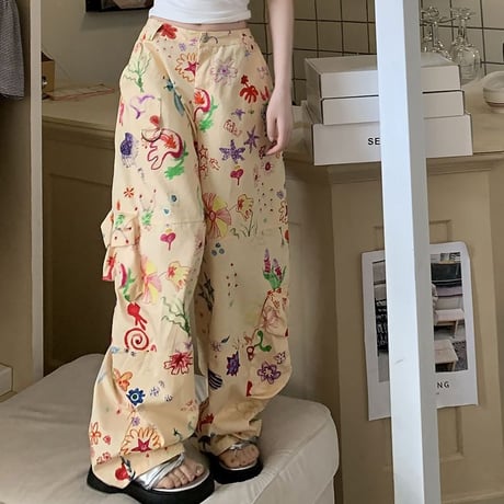 落書き風プリント モップパンツ ワイドパンツ カーゴパンツ ハイウエスト ルーズ ゆったり レトロ 韓国ファッション レディース 大人可愛い ガーリー カジュアル DTCA-722043592747