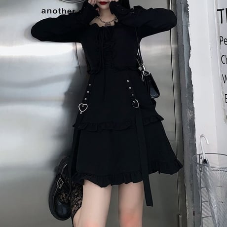 ワンピース フリル ハートバックル スクエアネック ハイウエスト Aライン 長袖 レトロ 韓国ファッション レディース 大人可愛い ガーリー ゴシック 暗黒系 DTC-628854710651