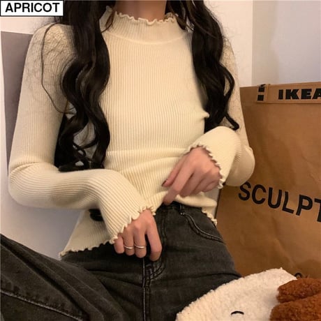 ニット メロウハイネック トップス リブニット スリムフィット 長袖 シンプル レトロ 韓国ファッション レディース 大人可愛い ガーリー フェミニン DTC-624573045753