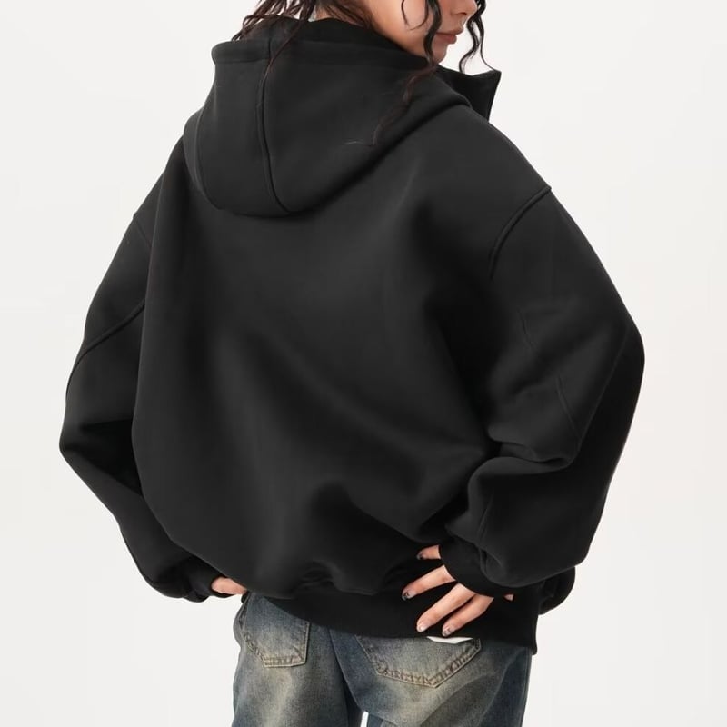 d*9様 PUTUMAYO ベロア ダブルジップファー付パーカー 長袖 黒 パーカー メンズ ボリュームネック ダブルジップ 長袖 ZIP